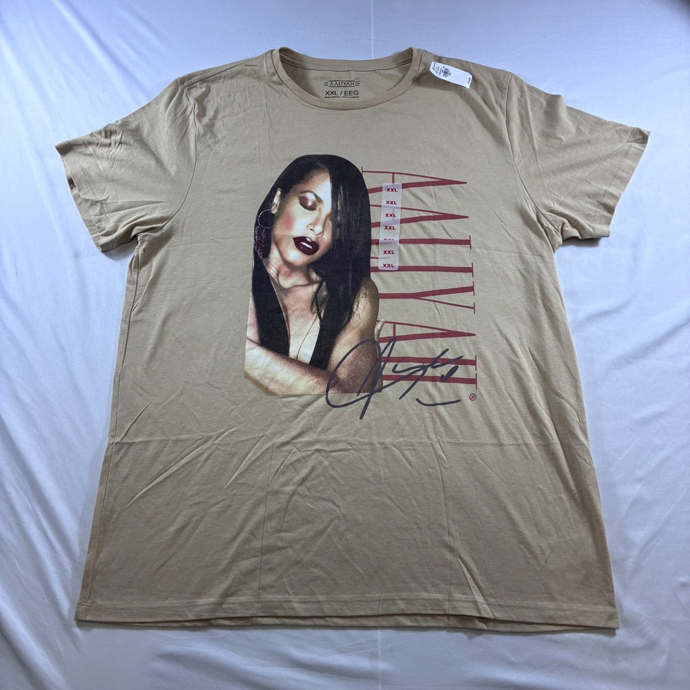 Aaliyah Graphic T-Shirt XXL Tan Beige Portrait Signature R&B Icon Tee New